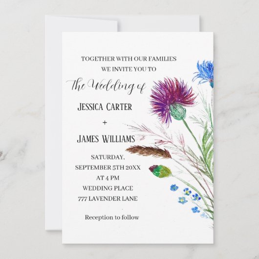 Thistle Cornflower Waterverf Rustic Wedding Kaart (Voorkant)