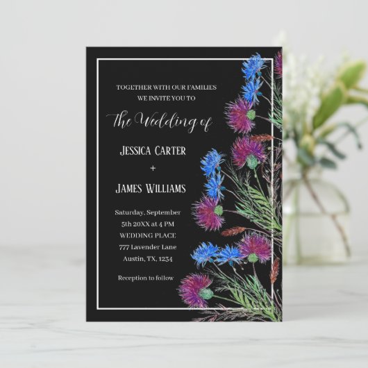 Thistle Cornflower Waterverf Rustic Wedding Kaart (Staand voorkant)