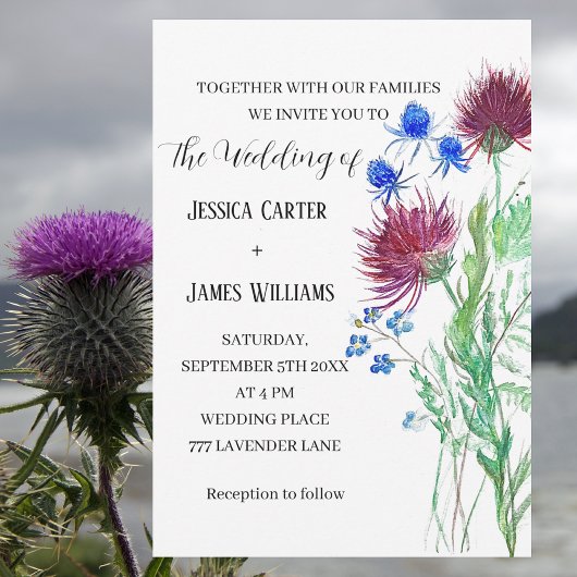 Thistle Cornflower Waterverf Rustic Wedding Kaart