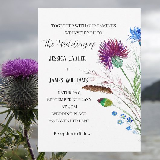 Thistle Cornflower Waterverf Rustic Wedding Kaart