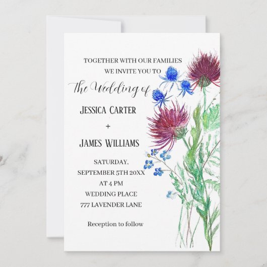 Thistle Cornflower Waterverf Rustic Wedding Kaart (Voorkant)