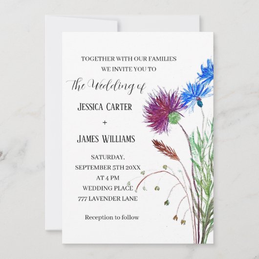 Thistle Cornflower Waterverf Rustic Wedding Kaart (Voorkant)