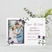 Thistle Elegant Schots Paarse Bloemen Foto Save The Date (Staand voorkant)
