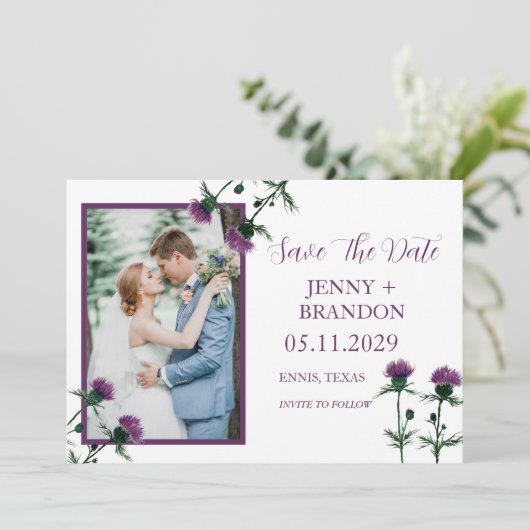 Thistle Elegant Schots Paarse Bloemen Foto Save The Date (Staand voorkant)