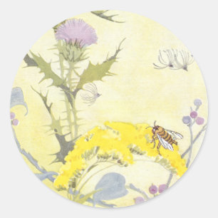 Thistle en Bee op Goldenrod Ronde Sticker