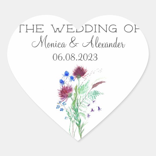 Thistle Floral Schotse Waterverf bruiloft Hart Sticker (Voorkant)