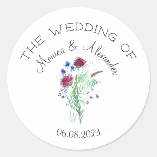 Thistle Floral Schotse Waterverf bruiloft Ronde Sticker (Voorkant)