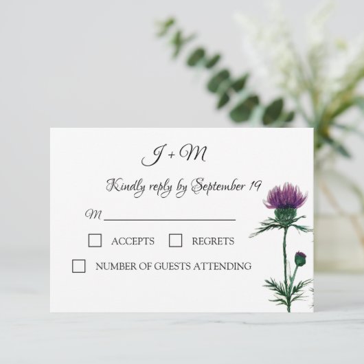 Thistle Floral Schotse Waterverf bruiloft RSVP (Staand voorkant)