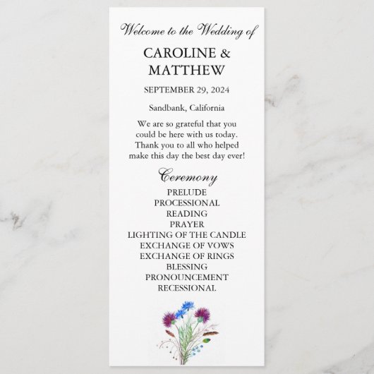 Thistle Paarse bloemenelegante moderne bruiloft Programmakaart (Voorkant)