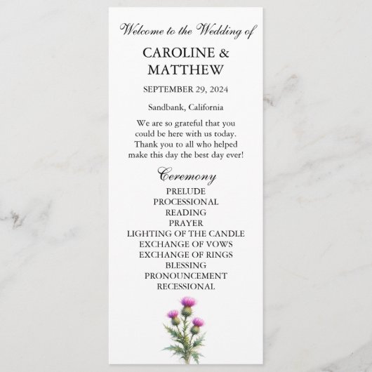 Thistle Purple Floral Elegant Modern Wedding  Programmakaart (Voorkant)