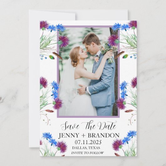 Thistle Schots Elegant Modern Floral Foto Save The Date (Voorkant)