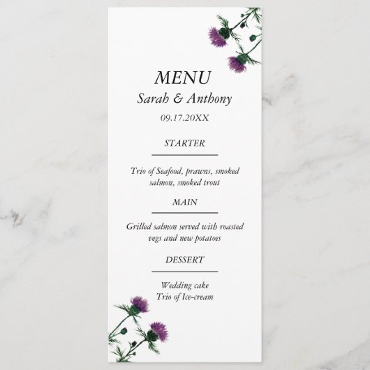 Thistle Scotland Floral Waterverf bruiloft eten Menu (Voorkant)