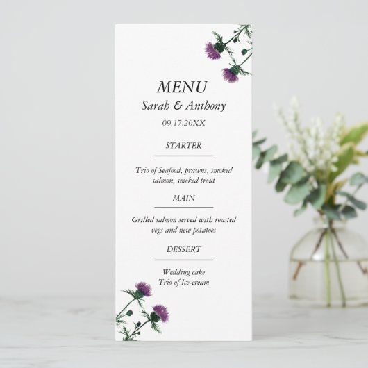 Thistle Scotland Floral Waterverf bruiloft eten Menu (Staand voorkant)