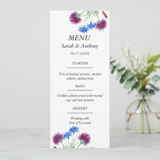 Thistle Scotland Floral Waterverf bruiloft eten Menu (Staand voorkant)