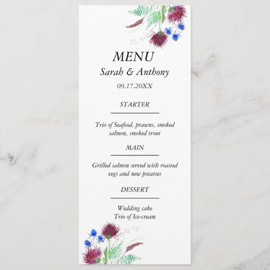 Thistle Scotland Floral Waterverf bruiloft eten Menu (Voorkant)