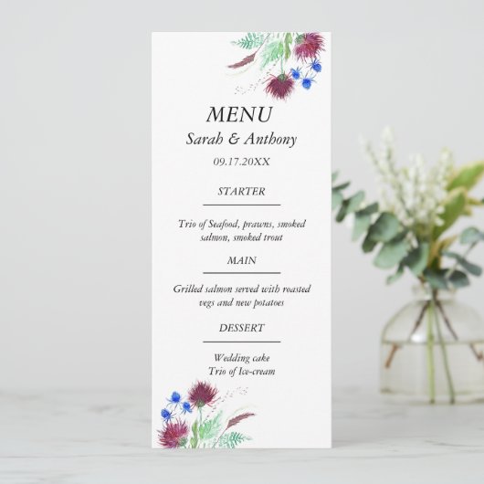 Thistle Scotland Floral Waterverf bruiloft eten Menu (Staand voorkant)