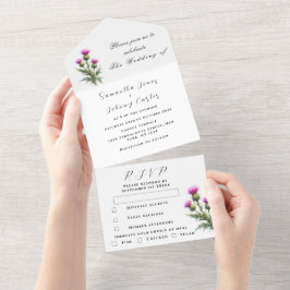 Thistle Scottish Simple Purple Floral Wedding All In One Uitnodiging