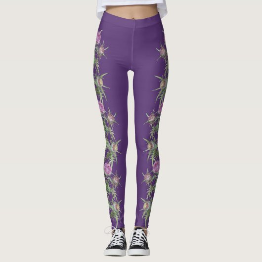 Thistle violette bloemen en paarse strepen leggings (Voorkant)
