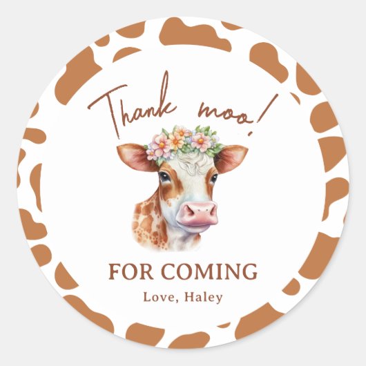 Thnak Moo Bloemen Bruin Print 1e Baby Verjaardag Ronde Sticker (Voorkant)