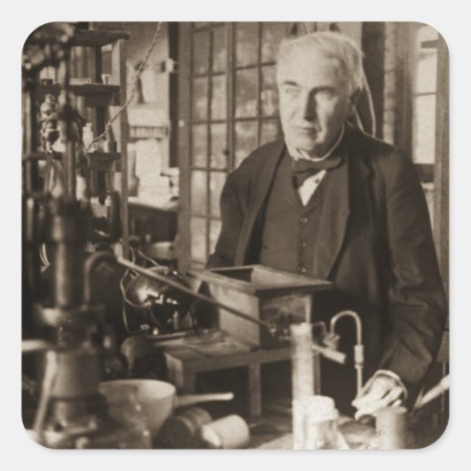 Thomas Edison in zijn lab Stereoview Vierkante Sticker (Voorkant)