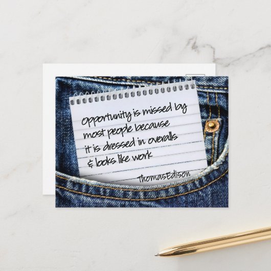 Thomas Edison Inspirerend citaat "Opportunity" Briefkaart (Voorkant / Achterkant in situ)