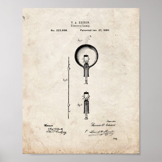 Thomas Edison Light Bulb Patent - Old look Poster (Voorkant)