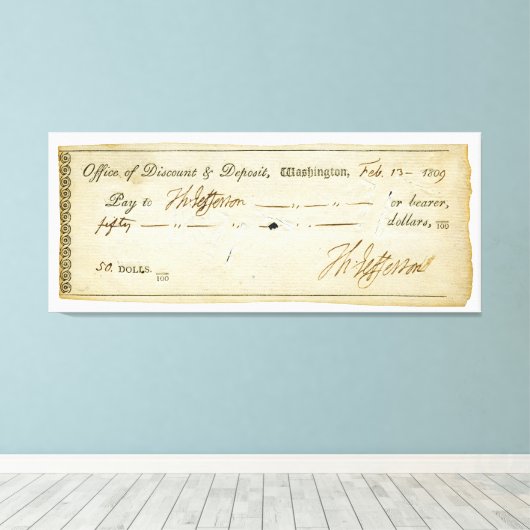 Thomas Jefferson Handtekening op bankcheque 1809 Canvas Afdruk (Insitu (Houten vloer))