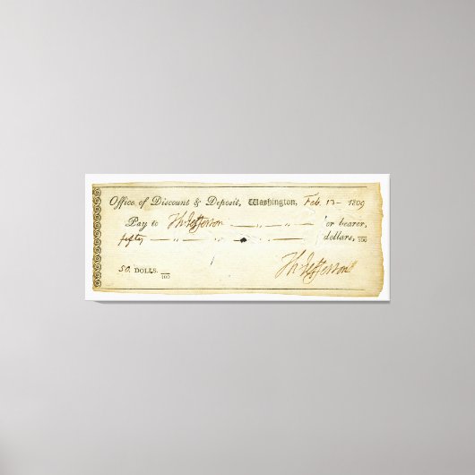 Thomas Jefferson Handtekening op bankcheque 1809 Canvas Afdruk (Voorkant)