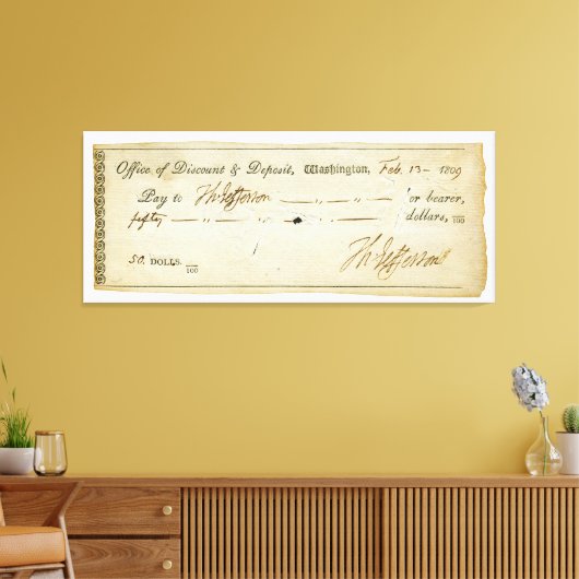 Thomas Jefferson Handtekening op bankcheque 1809 Canvas Afdruk (Insitu (Woonkamer))