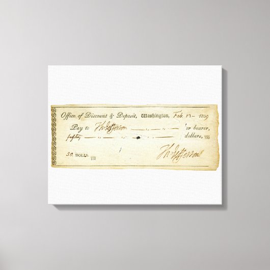Thomas Jefferson Handtekening op bankcheque 1809 Canvas Afdruk (Voorkant)