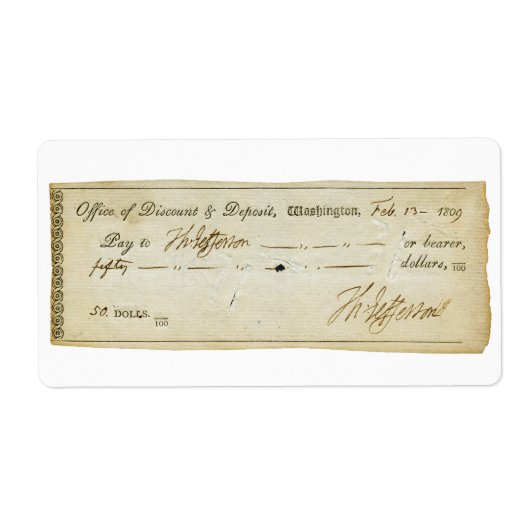 Thomas Jefferson Handtekening op bankcheque 1809 Etiket (Voorkant)
