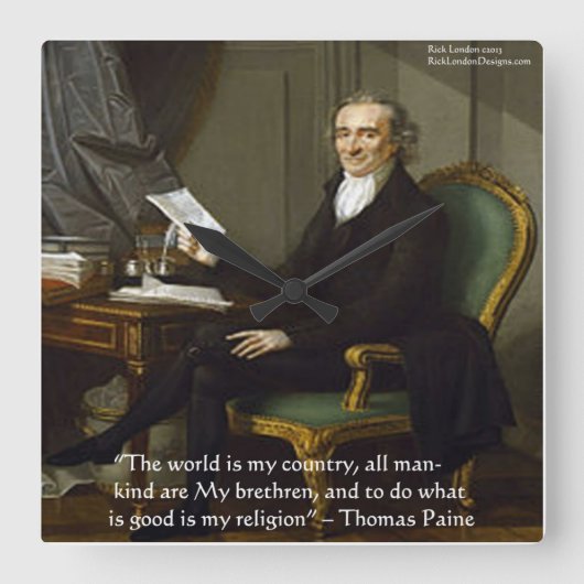 Thomas Paine "My Religion" Wisdom Quote Wall Clock Vierkante Klok (Voorkant)