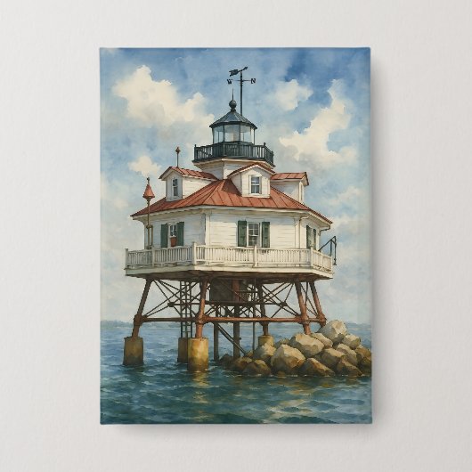 Thomas Point Shoal Lighthouse Aquarel Button (Voorkant)