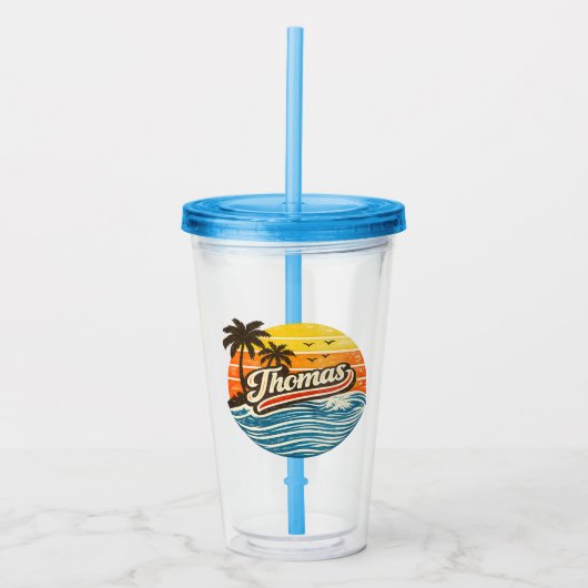 Thomas Retro Sunset Name Design Acryl Drinkbeker (Voorkant)