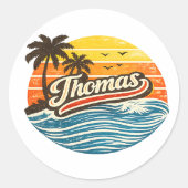 Thomas Retro Sunset Name Design Ronde Sticker (Voorkant)