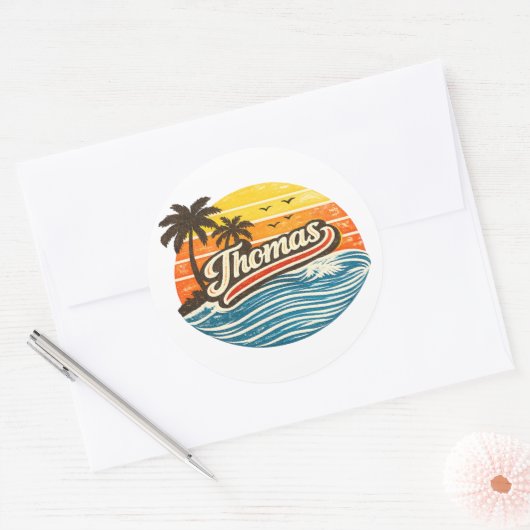 Thomas Retro Zonsondergang Naam Design Ronde Sticker (Envelop)
