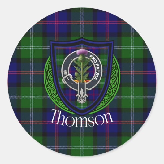 Thomson Scottish Clan Tartan & Crest Ronde Sticker (Voorkant)