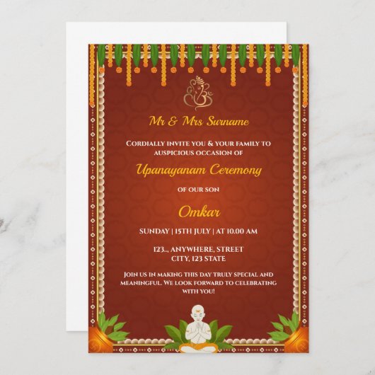 Thread Ceremony Invitation, Upanayaanse Kaart (Voorkant / Achterkant)