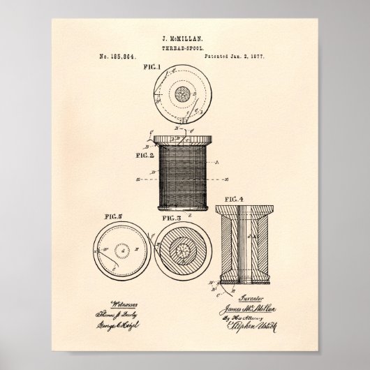 Thread Spool 1877 Patent Art Old Peper Poster (Voorkant)