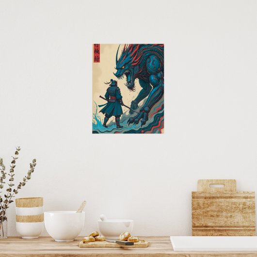 "Threads of War – Cyber Samurai vs Glyph Beast" Poster (Keuken)