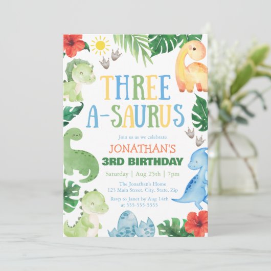 Three A-Saurus Dino 3rd Birthday Kaart (Staand voorkant)