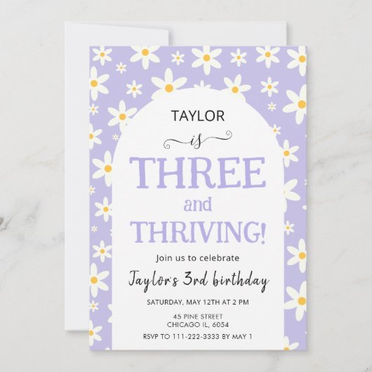 THREE and Thriving Purple Daisy 3rd Birthday Kaart (Voorkant)
