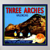 Three Arches Valencia Sinaasappels Fruitkrat Label Poster (Voorkant)
