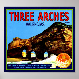 Three Arches Valencia Sinaasappels Fruitkrat Label Poster