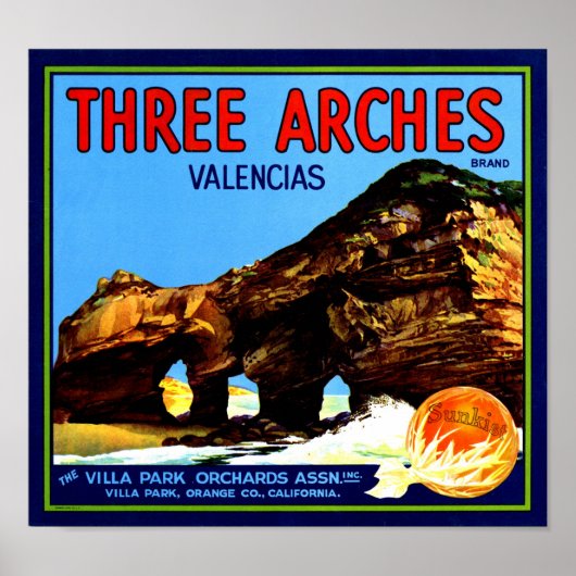 Three Arches Valencia Sinaasappels Fruitkrat Label Poster (Voorkant)
