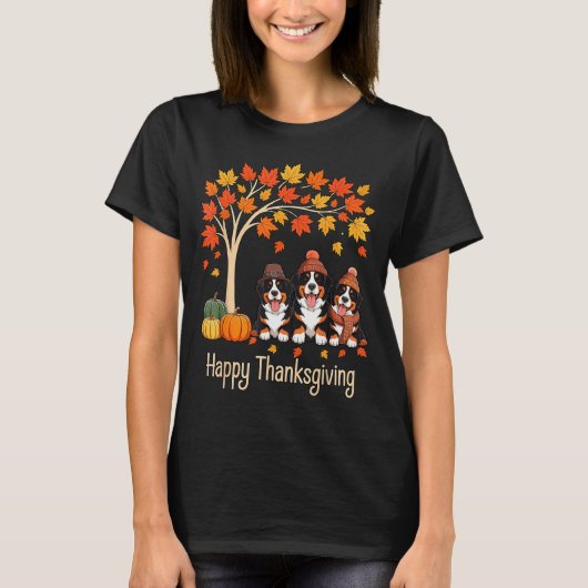 Three Bernese Mountain Dogs Fall Tree Happy Thanks T-shirt (Voorkant)