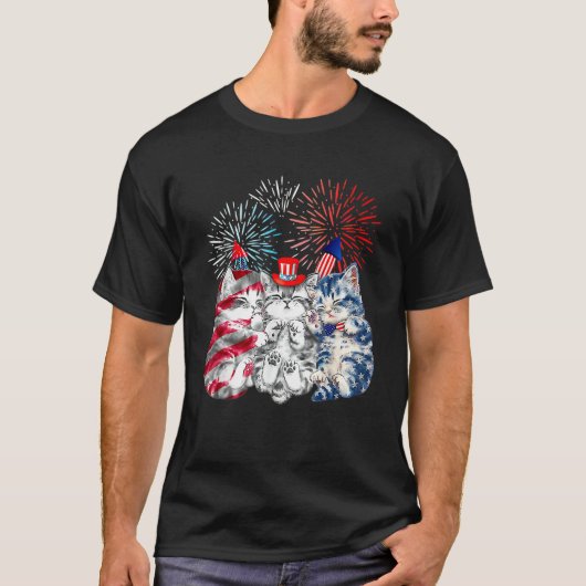 Three Cat 4th Of July American Flag Patriotic Cat T-shirt (Voorkant)