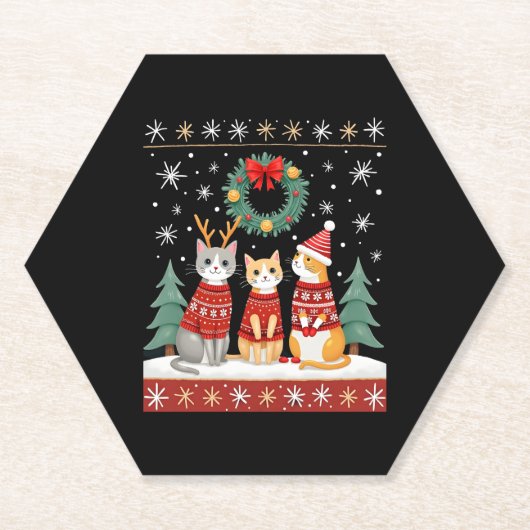 Three Cat Funny Christmas Cat Ugly Xmas Sweater Me Kartonnen Onderzetters (Voorkant)