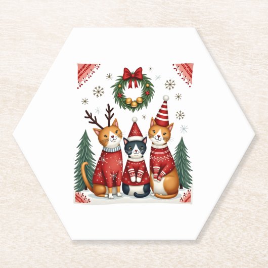 Three Cat Funny Christmas Cat Ugly Xmas Sweater Me Kartonnen Onderzetters (Voorkant)