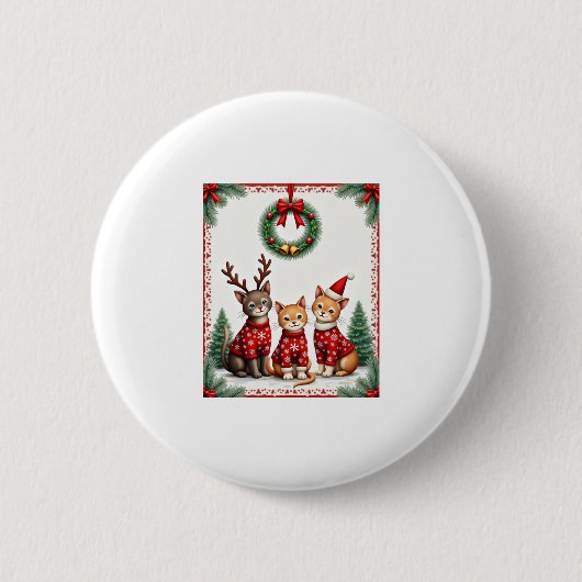 Three Cat Funny Christmas Cat Ugly Xmas Sweater Me Ronde Button 5,7 Cm (Voorkant)